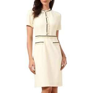Women Business Dress Short Sleeve Pearls Decro Bodycon Elegant Dress White
